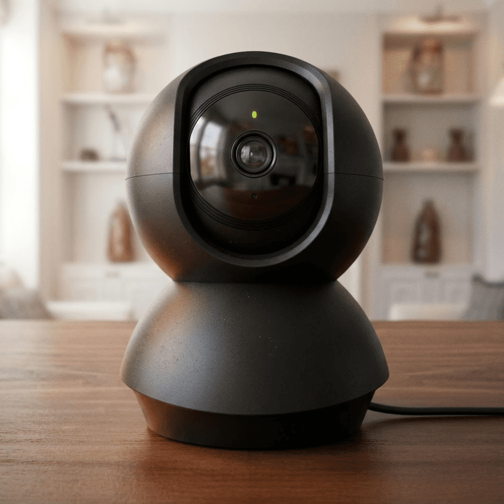 Indoor pan-and-tilt security camera on a wooden surface in a living room