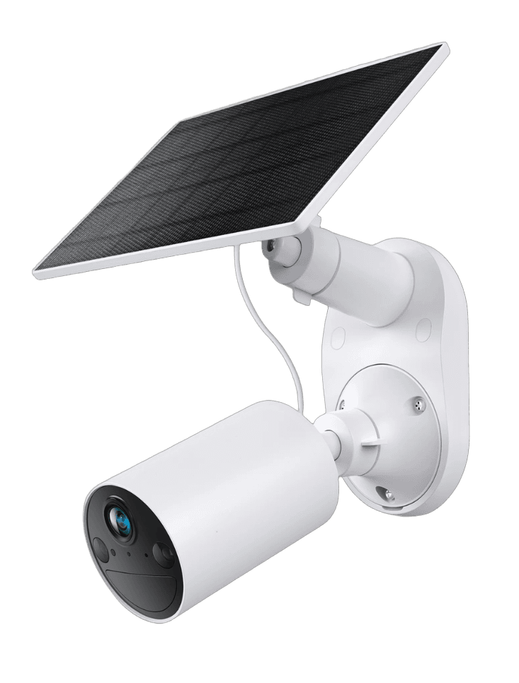 Solar-powered outdoor security camera with attached solar panel
