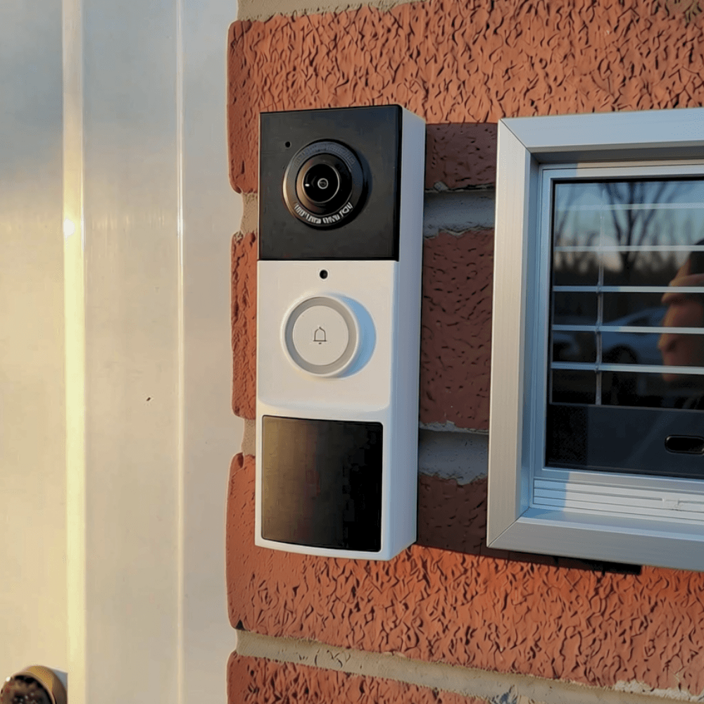 Video doorbell with camera and bell button installed beside a front door